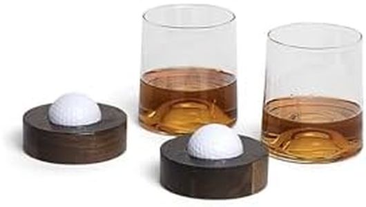 Golf ball coaster glasses and whiskey glasses; Set of 2; With real golf ball embedded in wooden coasters; Golf accessories for men and women golfers that love alcohol; Cool holiday basket golf present
