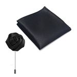 Verceys Handmade Polyester Black Rosebud Lapel Men Brooch Boutonniere Tuxedo Pin Black Along with Premium Mens Solid Micro Fiber Silk Satin Pocket Square Wedding Handkerchiefs