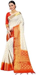 STYLE INSTANT Banarasi Sari indien en soie tissée pour femme avec chemisier non cousu, ecru, taille unique
