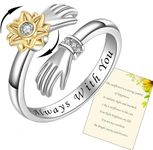 925 Sterling Silver Hug Rings for Women, I Love You Forever Love You Mother Gift Sister Gifts Engraved Words Hugging Hands Open Ring Friendship Jewelry Gift (Sunflower-Always with you)