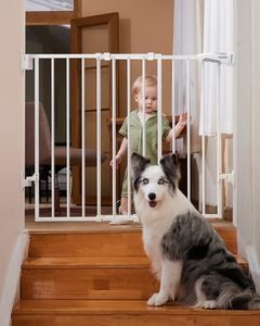 Babelio 66-109 CM Auto Close Baby/Dog Gate for Stairs, 2-in-1 Easy Swing Doorway and Hallway Pet Gate, with Extra-Wide Walk Thru Door and Threshold-Free Design, White