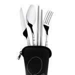 FDSHIP Stainless Steel Knife Fork Spoon Chopsticks 4 Piece Set Outdoor Set (Black Bag)