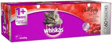 WHISKAS So Meaty Recipes 1+ Years Wet Cat Food with Meat Cuts in Gravy 12 x 85g, 5 Pack (60 Pouches)