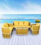 LOCCUS 4 Piece Indoor/Outdoor Rope Woven Patio Conversation Set Powder-Coated Iron Frame Handwoven Weaving Rope Modern Sofa for Balcony,Backyard,Living Room,Waterproof Furniture (Yellow)