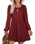 Jescakoo Long Sleeve Dress Knit Square Neck Dresses Knee Length Babydoll Dresses Red XL