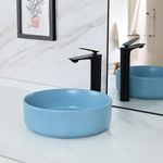 bathivy 14.2" Matte Blue Round Vessel Sink with Pop Up Drain, Bathroom Vessel Sink, Bathroom Sinks Above Counter, Vessel Sink for Bathrooms, Ceramic Porcelain Vessel Sink, Bathroom Sink Bowl Art Basin