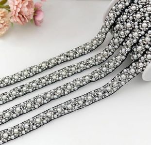 FQTANJU 2 Yards 1cm Pearl Beaded Trim Bridal Lace Ribbon Trimming Edge Straps for Wedding Dress Sewing Crystal Rhinestone Applique Craft DIY Decoration （3# Black and White）