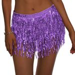 Womens Belly Dance Skirt Sequin Skirts Sparkly Rave Skirt Tassel Fringe Festival Outfit Belly Dance Hip Scarf, 5 Purple, One Size