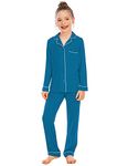 Alunsito Kids Girls Boys Pajamas Set Long Sleeve Top + Pants Solid Pjs 2 Piece Spring Fall Nightie Sleepwear Loungewear Set, 150, Blue Green, 11-12 Years