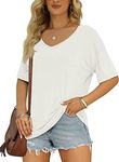 MIROL Women's Half Sleeve T Shirts Fashion V Neck Oversized Loose Tops Solid Casual Basic Blouses, Newwhite, Medium