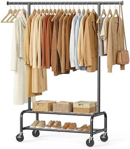 WATIOWL Clothes Rack for Hanging Clothes, Portable Clothing Rack with Wheels Sturdy Garment Organizer Metal Portable Wardrobe Closet with Double Shelves for Bedroom Laundry Living Room, Black