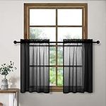 Black Kitchen Curtains for Small Window 30 Inch Length Faux Linen Sheer Short Black Tier Valance Curtain RV Camper Curtain for Travel Trailers Bathroom Window Basement Half Door Halloween Decor 1 Pair