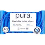 Pura Flushable Moist Toilet Tissue Wipes, 1 Pack of 40 Wet Wipes, 100% Plastic Free, 99% Water Clean Washlets, Certified ‘Fine to Flush’ Biodegradable, Compostable, Vegan, Gentle Clean