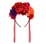 Floral Fall Women Day of the Dead Flower Crown Festival Headband Rose Mexican Floral Headpiece HC-23 (Red Purple)