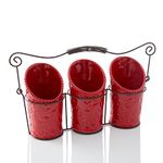 Red : Kitchen Flatware Caddy - 3 Ceramic Utensil Holders (4" Dia x 7" H each) & 1 Wire Caddy - Red
