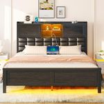 Rolanstar Bed Frame Queen Size with Charging Station, Bookcase Headboard Bed with LED Light and Sliding Doors, Platform Bed with Wooden Slats, No Box Spring Needed, Noise Free, Black