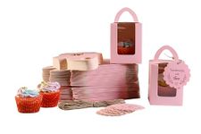 mudrit Cupcake Boxes, Single Cupcake Carrier with Window, Insert Trays, Tags and Jute Twine used for Muffins, Cookies, Chocolates, Macaroons as Party Favor Packing (Pink- Pack of 25)