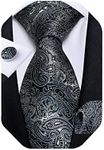 DiBanGu Men's Silk Tie and Pocket Square Woven Formal Tie Cufflink Set Solid Neckties (Black Grey)