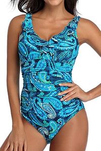 PERONA Women's One Piece Swimsuits Tummy Control Bathing Suits Ruffled Plus Size Swimwear, Paisley, 6