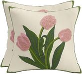 Tosleo Farmhouse Pink Tulip Embroidered Decorative Throw Pillow Covers 18x18 Set of 2 Flowers Tufted Cushion Case Square Floral Cotton Pillowcases for Wedding Sofa Couch Bedroom Living Room (G3-9)