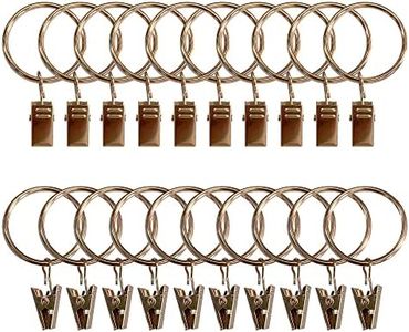20Pcs Metal Curtain Rings with Clips, 32mm/1.26in Inner Diameter Shower Curtain Rings with Metal Clips and Hooks, Heavy Duty Drapery Curtain Ring Clips for Rods (Golden)