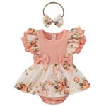 Newborn Baby Girl Romper Dresses Clothes Set Short Sleeve Floral Ruffle Bow Overall Bodysuit Onesie Floral Skirt Hem Outfit (Short Sleeve Pink, 0-3 Months)