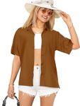 LA LEELA Women's Casual Classic Hawaiian Beach Shirts Solid V-Neck Short Sleeves Collared Summer Tops Brown_X530 X-Large