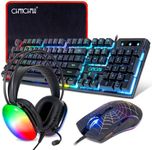 Gaming Keyboard Mouse Mousepad and Headset with mic Combo All in One USB Wired RGB Backlit Rainbow Side Button Gamer Bundle Set Compatible with PC Windows Xbox one PS4 PS5(Black)