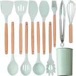 Silicone Cooking Utensils Kitchen Utensil Set, 12 PCS Wooden Handle Nontoxic BPA Free Silicone Spoon Spatula Turner Tongs Kitchen Gadgets Utensil Set for Nonstick Cookware with Holder(Light Green, 12)