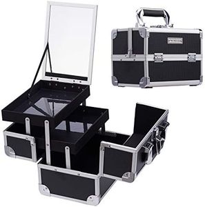 Frenessa Cosmetic Case Makeup Organiser Box Beauty Storage Train Case Vanity Box with Mirror Lockable with Keys, Black, M, Black