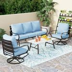 PHI VILLA 4 Piece Patio Furniture Sets for 5 Person with 1 x 3-Seat Deep Seating Bench, 2 x Cushioned Swivel Sofa Chairs & 1 x Coffee Table, Outdoor Metal Conversation Set for Lawn Garden, Light Blue