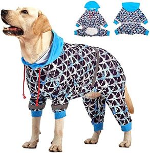 LovinPet Large Pitbull Dogs Onesies - Wound Care/Post Surgery Dog Clothes, Anxiety Relief Shirt for Dogs, Large Breed Dog Jammies, Lightweight Stretchy, Reflective Stripe, Brown Shark Print/Medium