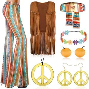 Mukum 8 PCS 60s 70s Women Hippie Costume, Hippie Outfits 70s Costume Tops and Flared Pants Glasses Headbands Flower Crown Necklace Earrings Set for Christmas Party Costume Party Khaki-XXL