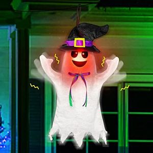 [Shaking Motion] Sound-Activated Hanging Halloween Animatronic Ghost with Shaking Motion, Creepy Sounds, and Light-Up Red Face, Scary Flying Ghost Prop Outdoor Halloween Decorations for Yard, Patio