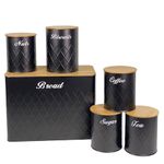 SG Traders 6pc Kitchen Storage Set with Airtight Bamboo Lids Includes Tea Coffee Sugar Nuts with Matching Biscuit Barrel Canister Jar & Stylish Bread Bin – Diamond Embossed Design Matt Finish (Black)