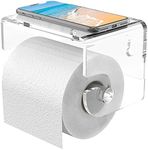 Meteou Adhesive Toilet Paper Holder with Shelf, Acrylic Toilet Paper Roll Holder, Wall Mounted with 3M Self Adhesive No Drilling, Toilet Paper Holder with Storage Shelf for Bathroom (Clear)