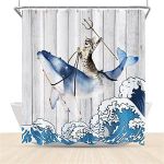 Funny Cat Shower Curtain Cute Animal Riding Whale Sea Wave on Farmhouse Wood Plank Bathroom Decor Fun Kids Shower Curtains for Bathroom Fabric Waterproof Polyester 72x72 Inch with Hooks