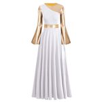 IMEKIS Women Metallic Bi Color Liturgical Praise Dance Dress Bell Long Sleeve Lyrical Dancewear Church Robe Worship Costume Rogation Days Clothes Full Length Gowns White + Gold S