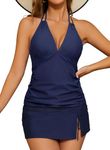 SHEKINI Women's 2 Piece Swimsuits Halter V Neck Tankini Set with Skirt Bottom Bathing Suit Swimswear Dark Blue