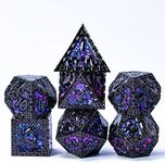 Cusdie Metal Dice Set, 7 Pcs DND Metal Dice, Dragon Scale Polyhedral Dice Set, for TTRPG Role Playing Game D&D Dice (Black with Purple Blue Glitters)