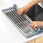 Over The Sink Dish Drying Rack, Roll Up Dish Drying Rack Kitchen Sink Rack Dish Rack Stainless Steel Sink Drying Rack, Foldable Dish Drainer (17.5''x11.8'')