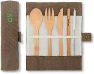 Bamboo Cutlery Set| Travel Cutlery Set | Eco Friendly Flatware Set | Knife, Fork, Spoon and Straw| Wooden Cutlery Set | Camping Cutlery Set with Travel Pouch | 20 cm | Olive | Bambaw