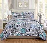 Fancy Linen 3pc King/California King Bedspread Quilt Set Over Size Bed Cover with Flowers Squares Grey Blue Teal White Navy Blue New