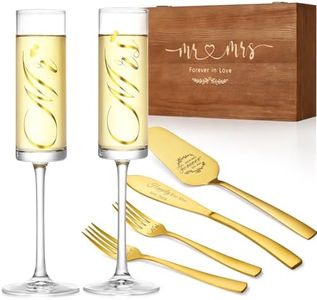 Galaxozent Wedding Champagne Flutes and Cake Kinife Server Set of 6, Mr and Mrs Wedding Gifts for Bride and Groom, Enagement Bridal Shower Housewarming Gifts (Gold)