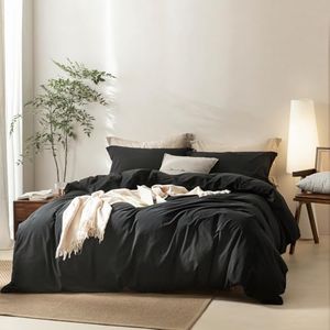 BDEAR Linen Feel Black Duvet Cover Oversized King Size 120'' W x 98'' L, 100% Washed Cotton Duver Cover with Zipper Closure Plus 2 Pillowcases, Cozy and Breathable