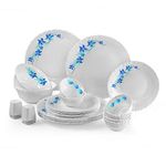 Cello Blue Swirl Opalware Dinner Set, 23 Units | Opal Glass Dinner Set for 6 | Light-Weight, Daily Use Crockery Set for Dining | White Plate and Bowl Set