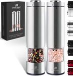 Electric Salt and Pepper Grinder Set - Battery Operated Stainless Steel Mill with Light (2 Mills) - Automatic One Handed Operation - Electronic Adjustable Shakers - Ceramic Grinders