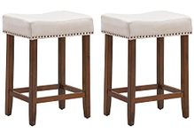 ERGOMASTER Counter Height Bar Stools Set of 2 Backless Fabric Barstools 24-Inch Modern Wood Saddle Bar Stools with Nailhead Trim for Kitchen Island Counter Tabel - Beige/Brown,2-Pack