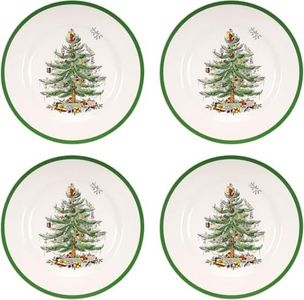 Spode Christmas Tree 10.5" Dinner Plate (Set of 4) - Festive Holiday Stoneware Plate with Christmas Tree & Green Borders, Microwave, Dishwasher, Freezer & Oven Safe - Holiday Tableware
