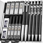 Nicpro 6 PCS Art Mechanical Pencils Set, Black Metal Drafting Pencil 0.3, 0.5, 0.7, 0.9 mm & 2PCS 2mm Graphite Lead Holder(4B 2B HB 2H) For Writing Sketching Drawing With 8 Lead Refills Eraser Case